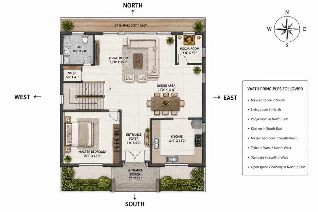 South facing house Vastu plan with room directions