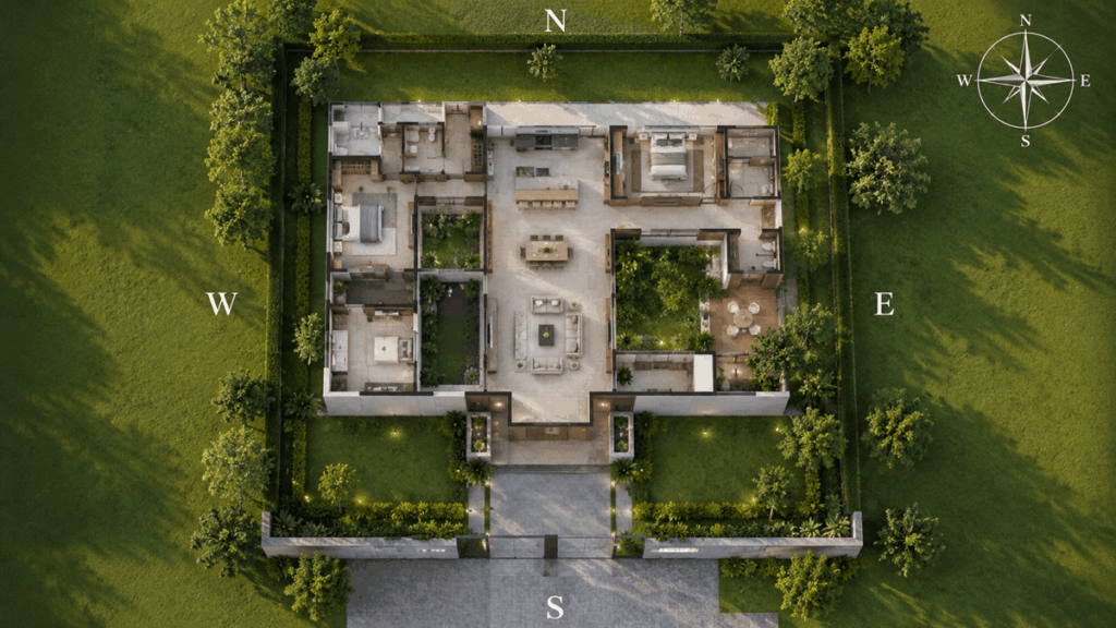 south-facing house, top-down aerial view