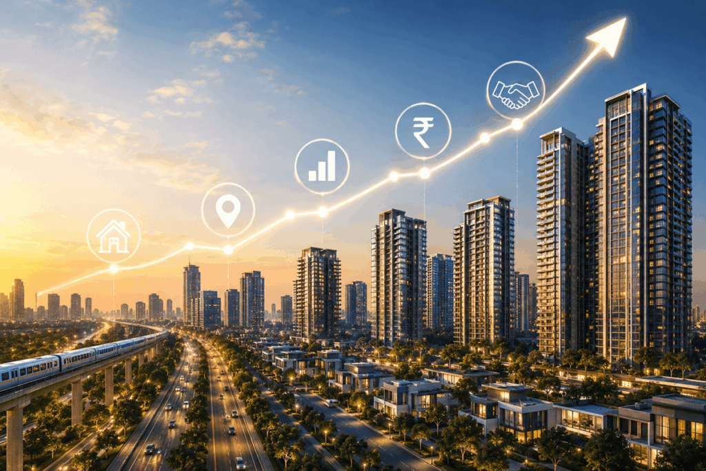 Futuristic city skyline with growth graph