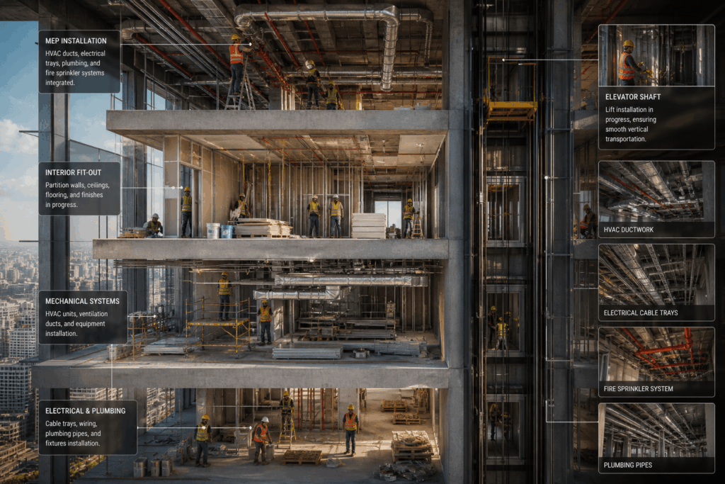 Construction of modern high-rise interior