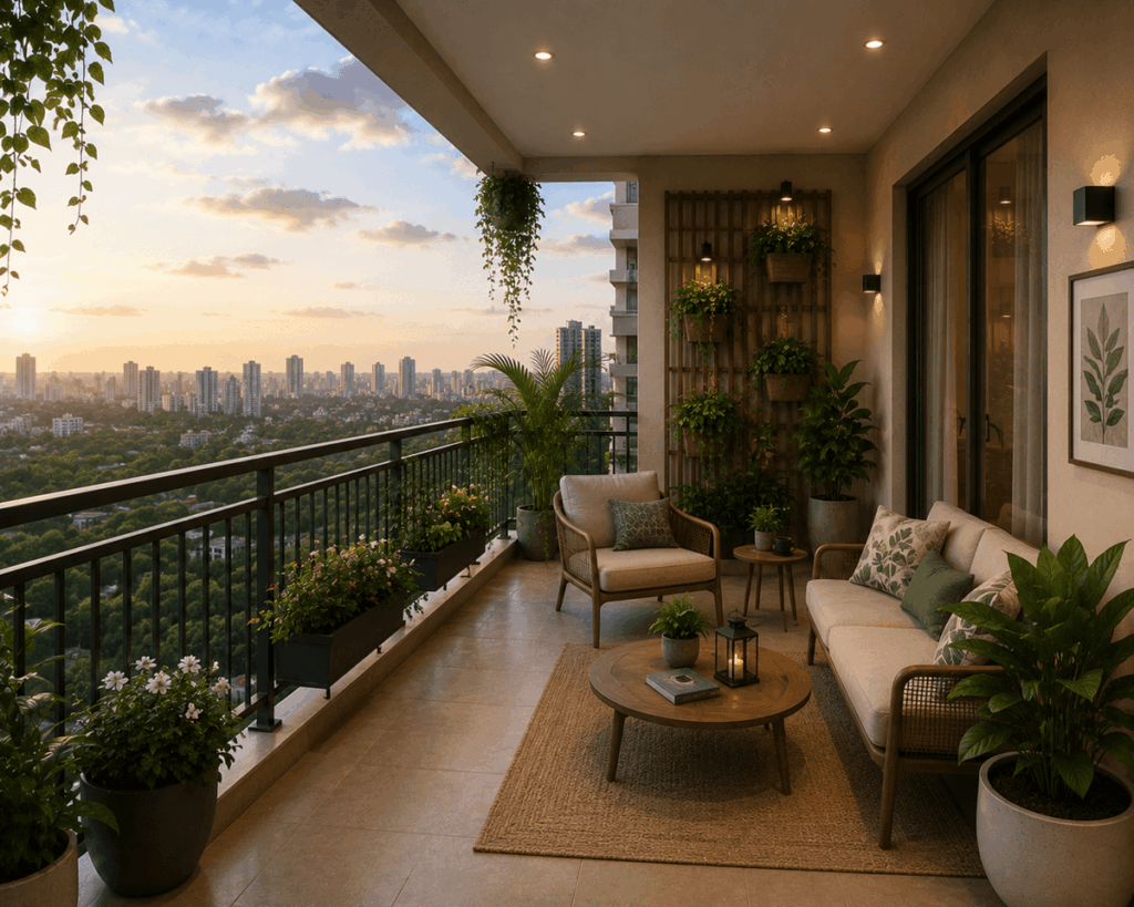 Cozy balcony with city skyline