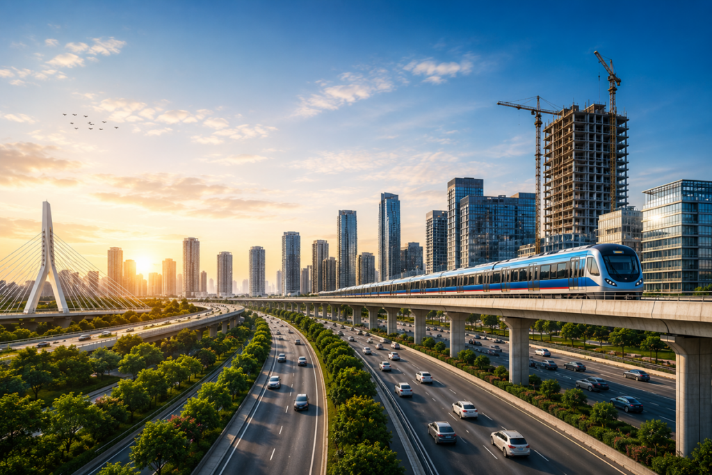 Modern cityscape at sunset