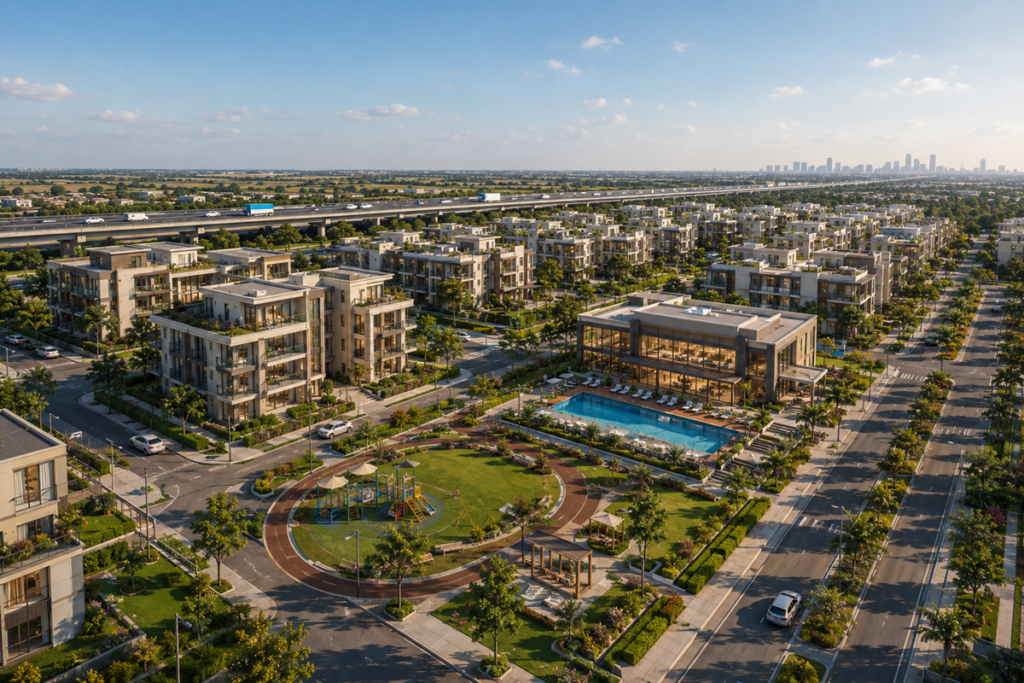 Modern suburban community under warm daylight