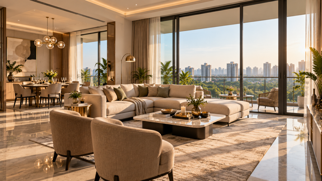 Sunlit Luxury Living Room with Skyline Views