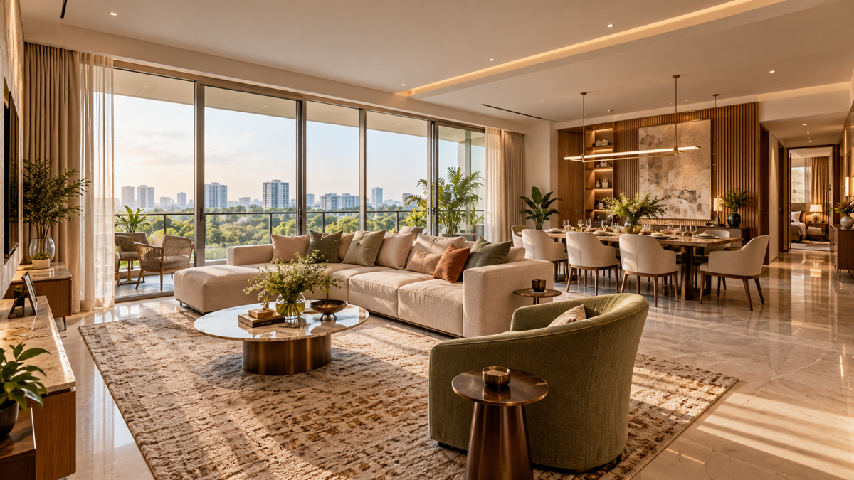 Practical luxury apartment layout with a thoughtfully planned living and dining area